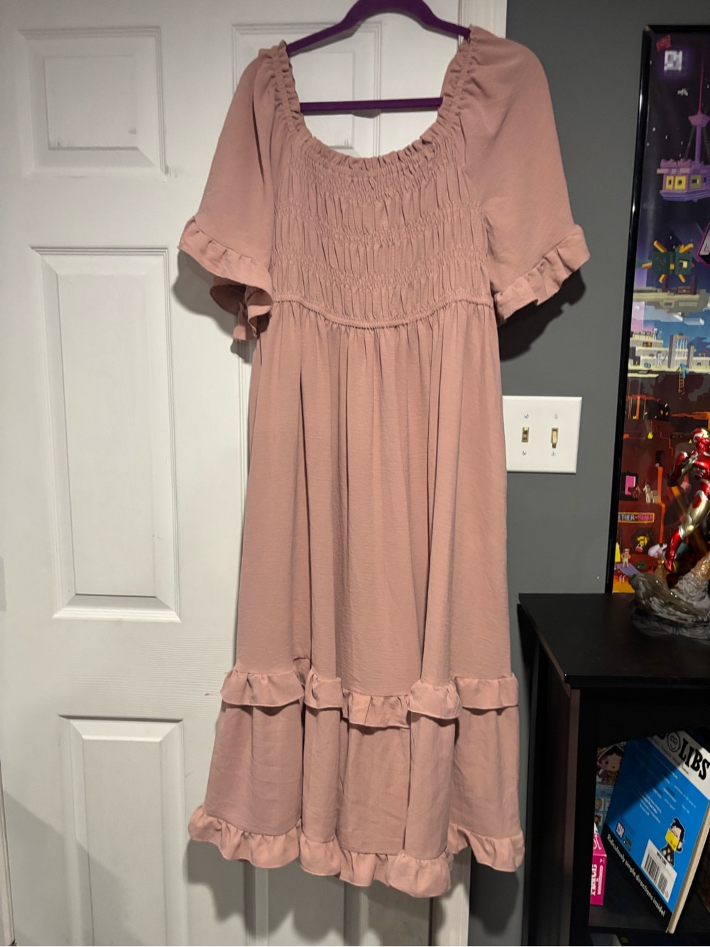Smocked Ruffle Midi Dress in Blush Pink